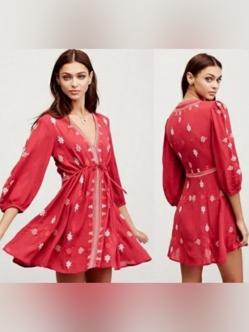Free People Red Floral V‑Neck Tie‑Waist Mini Dress